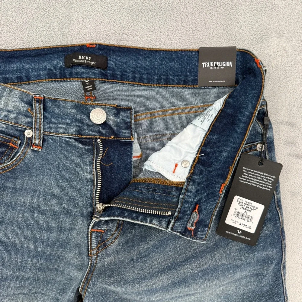 True Religion Ricky Flap Straight‎ Jeans Medium Cuzzy Firefade Wash Mens Size 31